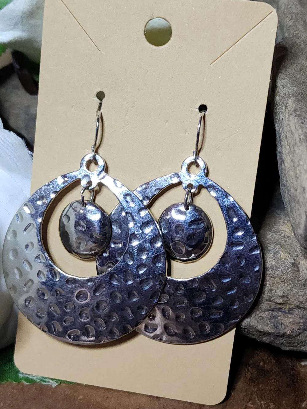Hammered Silver-Tone Drop Hoop Earrings